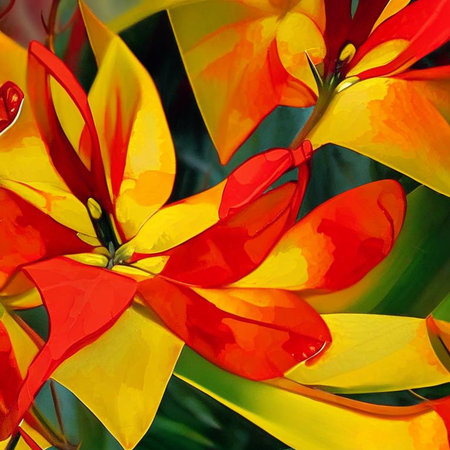 Red, orange and yellow abstract flower Illustration for prints, wall art, cover and invitation. Watercolor art background. Digital generated wallpaper design with flower paint brush line art.の素材