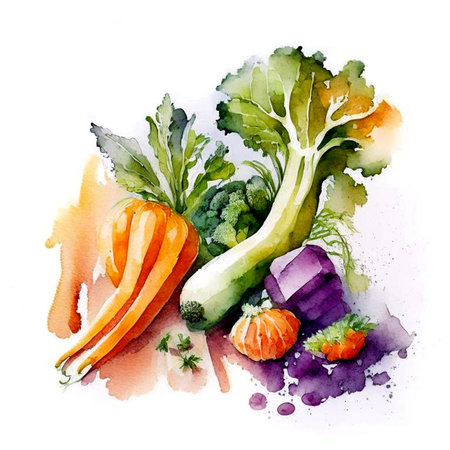 Watercolor art. Minimalist retro  illustration with vegetables. For social media, wall decoration, postcard or brochure cover design. Digital generated. Vintage style.の素材