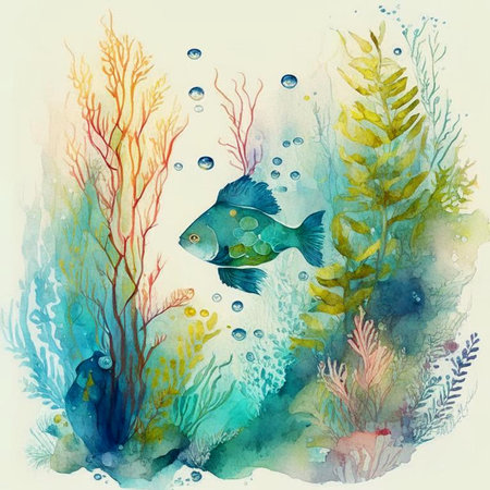 Underwater background with various sea views in watercolor style. Underwater scene. Cute sea fishes ocean underwater animals. Undersea bottom with corals seaweeds digital generated.の素材