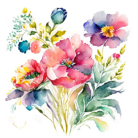 Original floral watercolor design with exotic flowers and tropic leaves. Colorful flowers on white background. Digital generated illustration.の素材