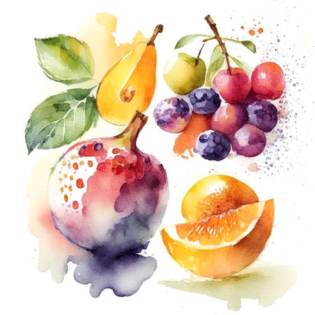 Assortment of colorful fresh fruits in watercolor style. Digital generated illustration.の素材