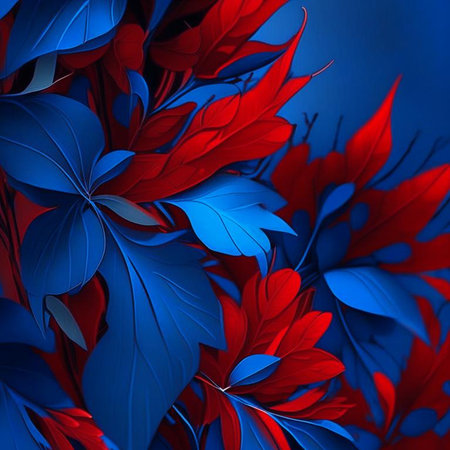 Blue and red abstract flower Illustration for prints, wall art, cover and invitation. Watercolor art background. Digital generated wallpaper design with flower paint brush line art.の素材