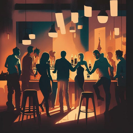 People meeting in cafe, drinking beer in pub, sitting at table or counter and talking. Digital generated illustration of night life, party, bar concept.の素材