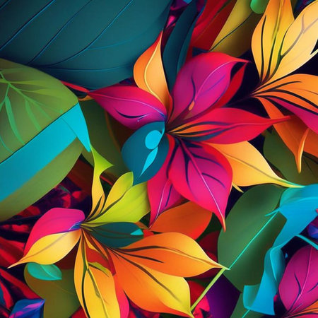 Original floral design with exotic flowers and tropic leaves. Colorful flowers on bright background. Digital generated illustration.の素材