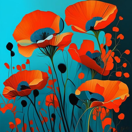 Beautiful poppy field in bright sunlight. Field of wild flowers. The concept of hot summer days, the approach of summer. Blue and teal background. Digital generated.の素材