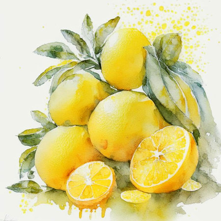 Fresh citrus fruits. Watercolor citrus, lime, orange, lemon whole and slices. Digital generated illustration.の素材