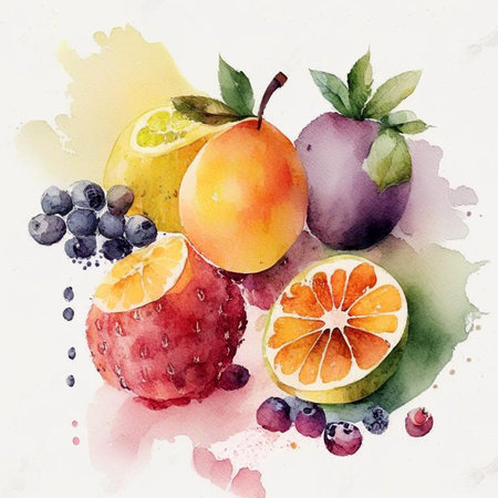 Assortment of colorful fresh fruits in watercolor style. Digital generated illustration.の素材