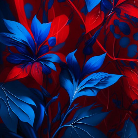 Blue and red abstract flower Illustration for prints, wall art, cover and invitation. Watercolor art background. Digital generated wallpaper design with flower paint brush line art.の素材