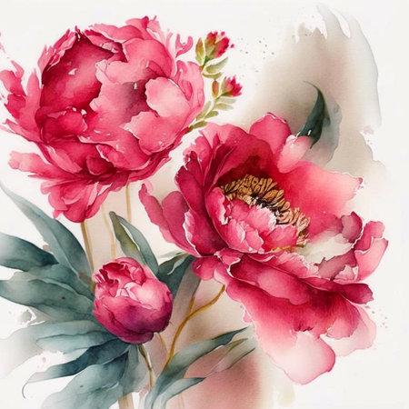 Peony flowers in watercolor style. Red and pink peony flowers in bloom as floral art background, wedding decor and luxury branding design. Digital generated illustration.の素材