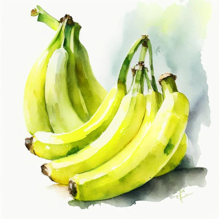 Fresh yellow bananas. Watercolor painting. Digital generated illustration.の素材