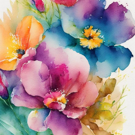 Teal, orange and pink watercolor flowers with stems and leaves. Watercolor art background. Digital generated wallpaper design with flower paint brush line art.の素材