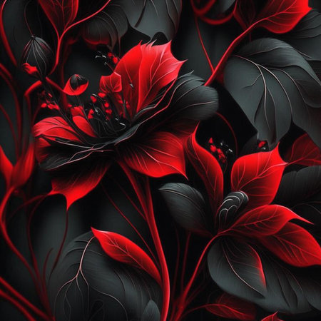 Black and red abstract flower Illustration for prints, wall art, cover and invitation. Watercolor art background. Digital generated wallpaper design with flower paint brush line art.の素材