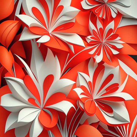 White and red flowers with stems and leaves. Digital generated design with flower paint brush line art.の素材