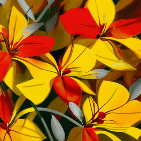 Red, orange and yellow abstract flower Illustration for prints, wall art, cover and invitation. Watercolor art background. Digital generated wallpaper design with flower paint brush line art.の素材