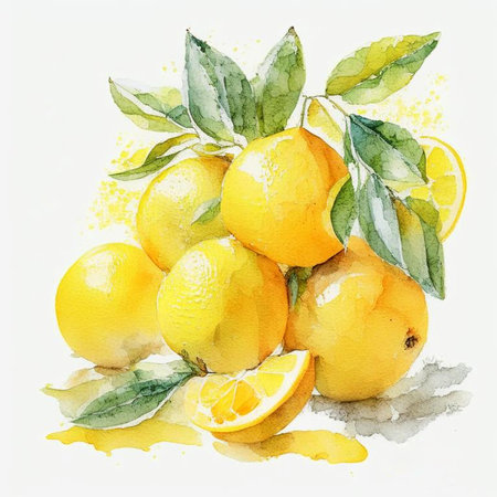 Fresh citrus fruits. Watercolor citrus, lime, orange, lemon whole and slices. Digital generated illustration.の素材