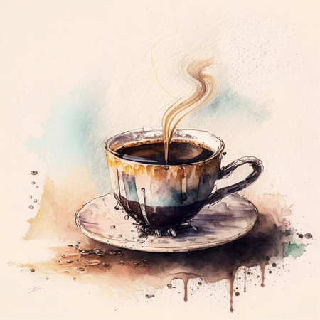 Watercolor drawing ceramic cup of hot coffee with milk or cappuccino. Digital generated.の素材