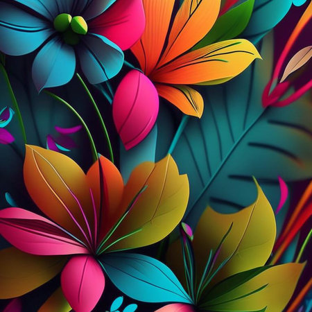 Original floral design with exotic flowers and tropic leaves. Colorful flowers on dark background. Digital generated illustration.の素材