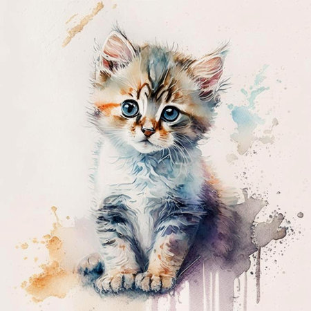 Pretty small kitten on light  background in watercolor style. Digital generated illustration.の素材
