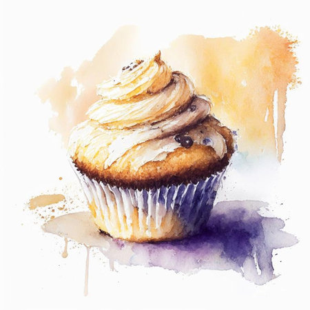 Ð¦atercolor cupcake decorated with ÑÐºÑÑÑ. Delicious vanilla cake with cream. Digital generated illustration.の素材