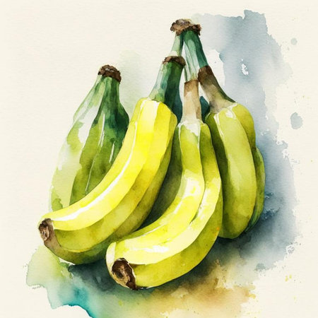 Fresh yellow bananas. Watercolor painting. Digital generated illustration.の素材