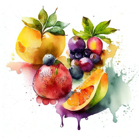 Assortment of colorful fresh fruits in watercolor style. Digital generated illustration.の素材