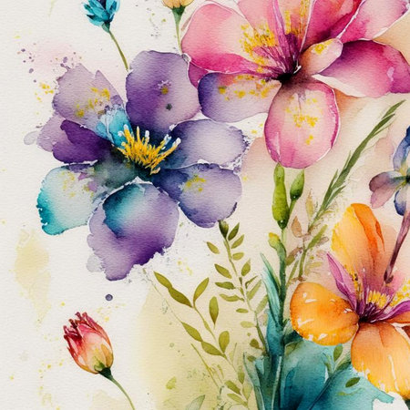 Teal, orange and pink watercolor flowers with stems and leaves. Watercolor art background. Digital generated wallpaper design with flower paint brush line art.の素材