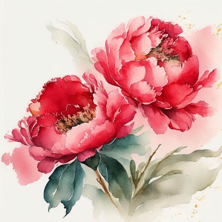 Peony flowers in watercolor style. Red and pink peony flowers in bloom as floral art background, wedding decor and luxury branding design. Digital generated illustration.の素材