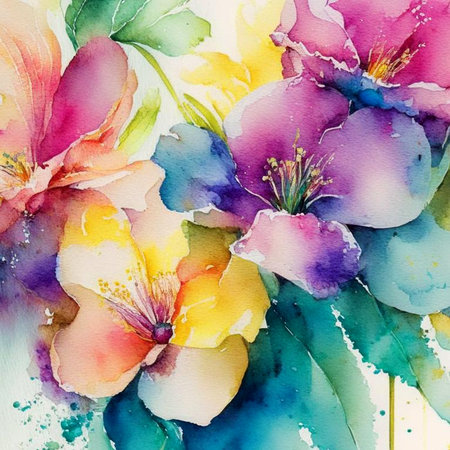 Teal, orange and pink watercolor flowers with stems and leaves. Watercolor art background. Digital generated wallpaper design with flower paint brush line art.の素材