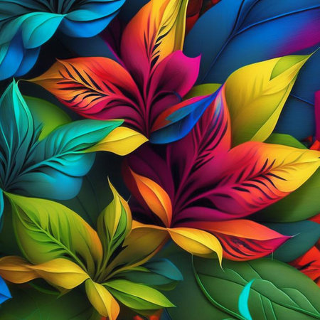 Original floral design with exotic flowers and tropic leaves. Colorful flowers on dark background. Digital generated illustration.の素材