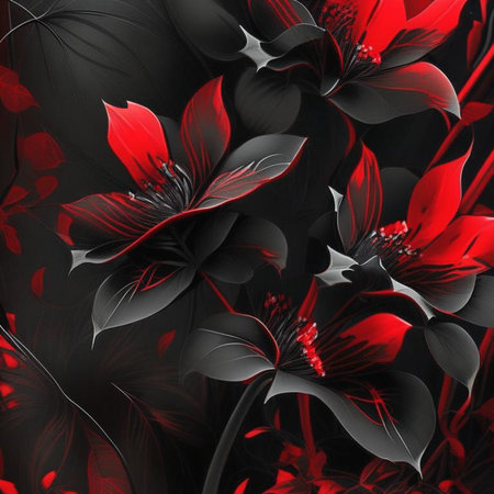 Black and red abstract flower Illustration for prints, wall art, cover and invitation. Watercolor art background. Digital generated wallpaper design with flower paint brush line art.の素材