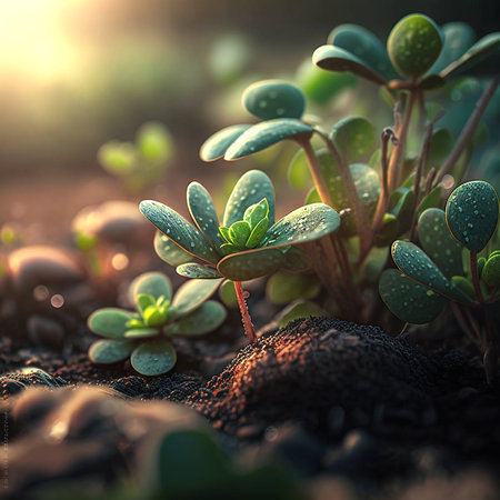 Growth plants concept in the nature morning light on green background. Small young plants on a green background, the concept of environmental stewardship and World Environment Day. Digital generated illustration.の素材