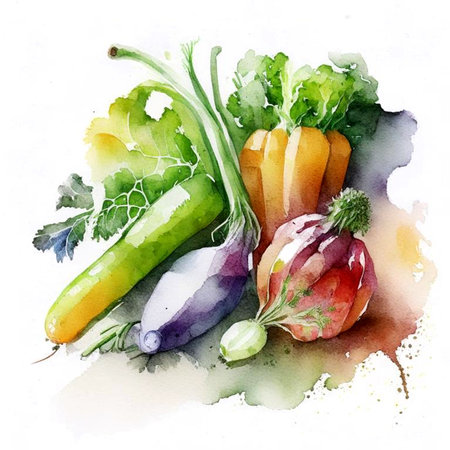 Watercolor art. Minimalist retro  illustration with vegetables. For social media, wall decoration, postcard or brochure cover design. Digital generated. Vintage style.の素材