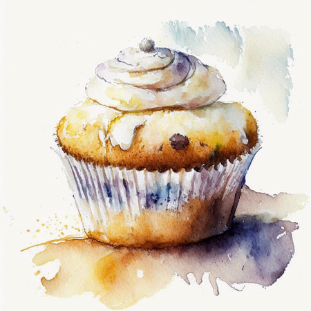 Watercolor cupcake decorated with cream. Delicious vanilla cake with cream. Digital generated illustration.の素材