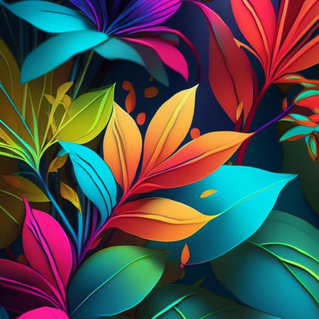 Original floral design with exotic flowers and tropic leaves. Colorful flowers on dark background. Digital generated illustration.の素材