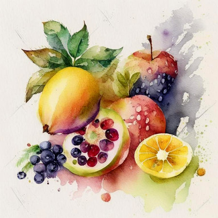 Assortment of colorful fresh fruits in watercolor style. Digital generated illustration.の素材