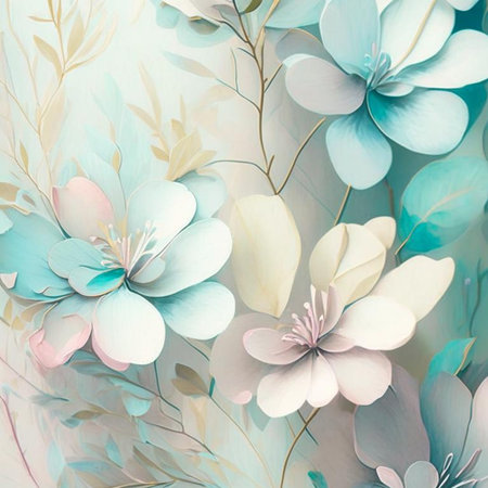 Pastel watercolor flowers with stems and leaves. Watercolor art background. Digital generated wallpaper design with flower paint brush line art.の素材