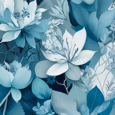 Teal, blue grey and white watercolor flowers with stems and leaves. Watercolor art background. Digital generated wallpaper design with flower paint brush line art.の素材