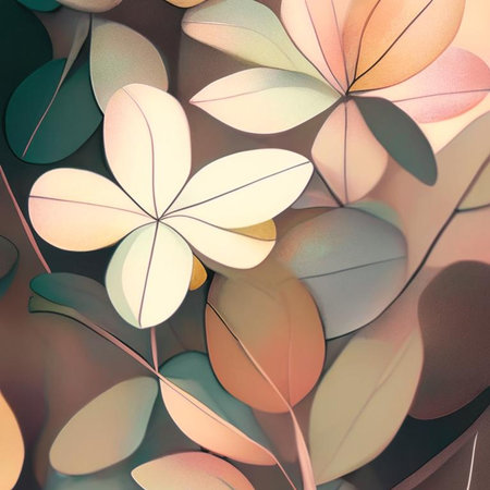 Soft brown, yellow, orange and pink shades flowers with stems and leaves. Watercolor art background. Digital generated wallpaper design with flower paint brush line art.の素材