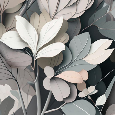 Soft grey and pink shades flowers with stems and leaves. Watercolor art background. Digital generated wallpaper design with flower paint brush line art.の素材