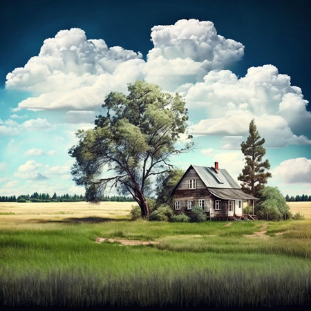 Rural landscape with house, green agriculture fields, path and clouds. Digital generated illustration of summer countryside with pastures, grass and farmland.の素材