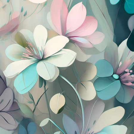 Pastel watercolor flowers with stems and leaves. Watercolor art background. Digital generated wallpaper design with flower paint brush line art.の素材