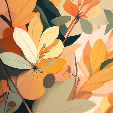 Soft orange, yellow, brown and beige shades flowers with stems and leaves. Watercolor art background. Digital generated wallpaper design with flower paint brush line art.の素材
