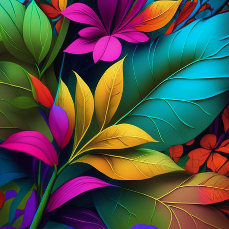 Original floral design with exotic flowers and tropic leaves. Colorful flowers on dark background. Digital generated illustration.の素材