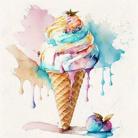 Ice cream in the waffle cone on white background in watercolor style. Digital generated. Cartoon style illustration for t shirt design.の素材