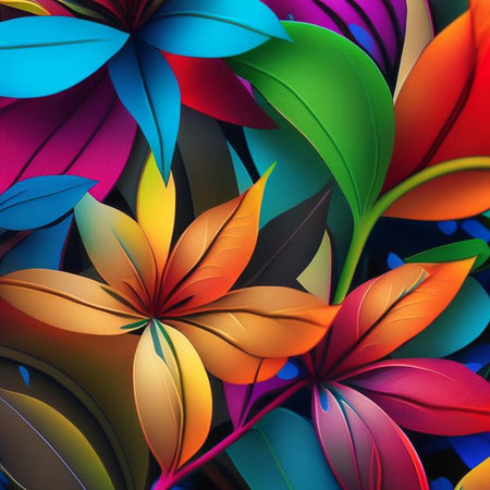 Original floral design with exotic flowers and tropic leaves. Colorful flowers on dark background. Digital generated illustration.の素材