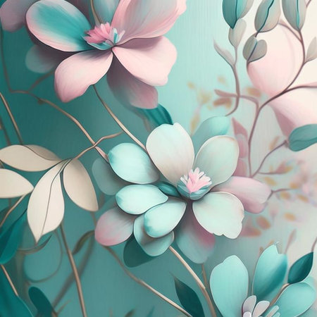 Pastel watercolor flowers with stems and leaves. Watercolor art background. Digital generated wallpaper design with flower paint brush line art.の素材