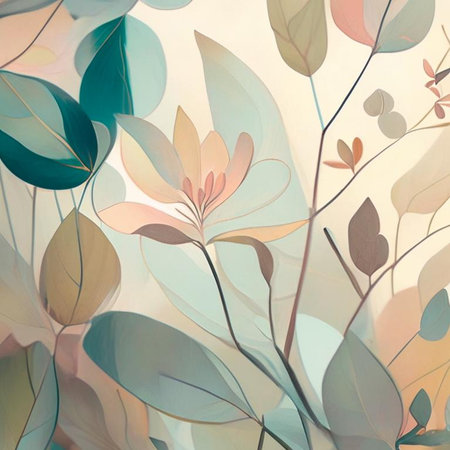 Soft brown, yellow, orange and pink shades flowers with stems and leaves. Watercolor art background. Digital generated wallpaper design with flower paint brush line art.の素材