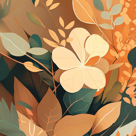Soft brown, yellow, orange and pink shades flowers with stems and leaves. Watercolor art background. Digital generated wallpaper design with flower paint brush line art.の素材