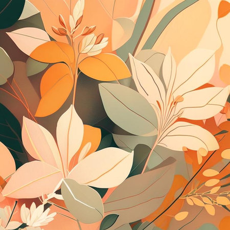 Soft orange, yellow, brown and beige shades flowers with stems and leaves. Watercolor art background. Digital generated wallpaper design with flower paint brush line art.の素材
