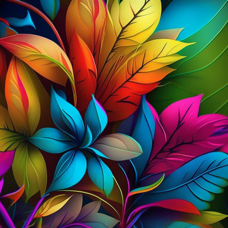Original floral design with exotic flowers and tropic leaves. Colorful flowers on dark background. Digital generated illustration.の素材